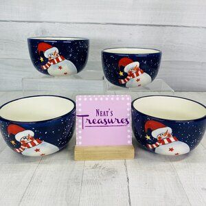 Dansk HOLIDAY SNOWMAN Charlie Zabarte Cobalt Blue Soup Cereal Bowl Set of 4